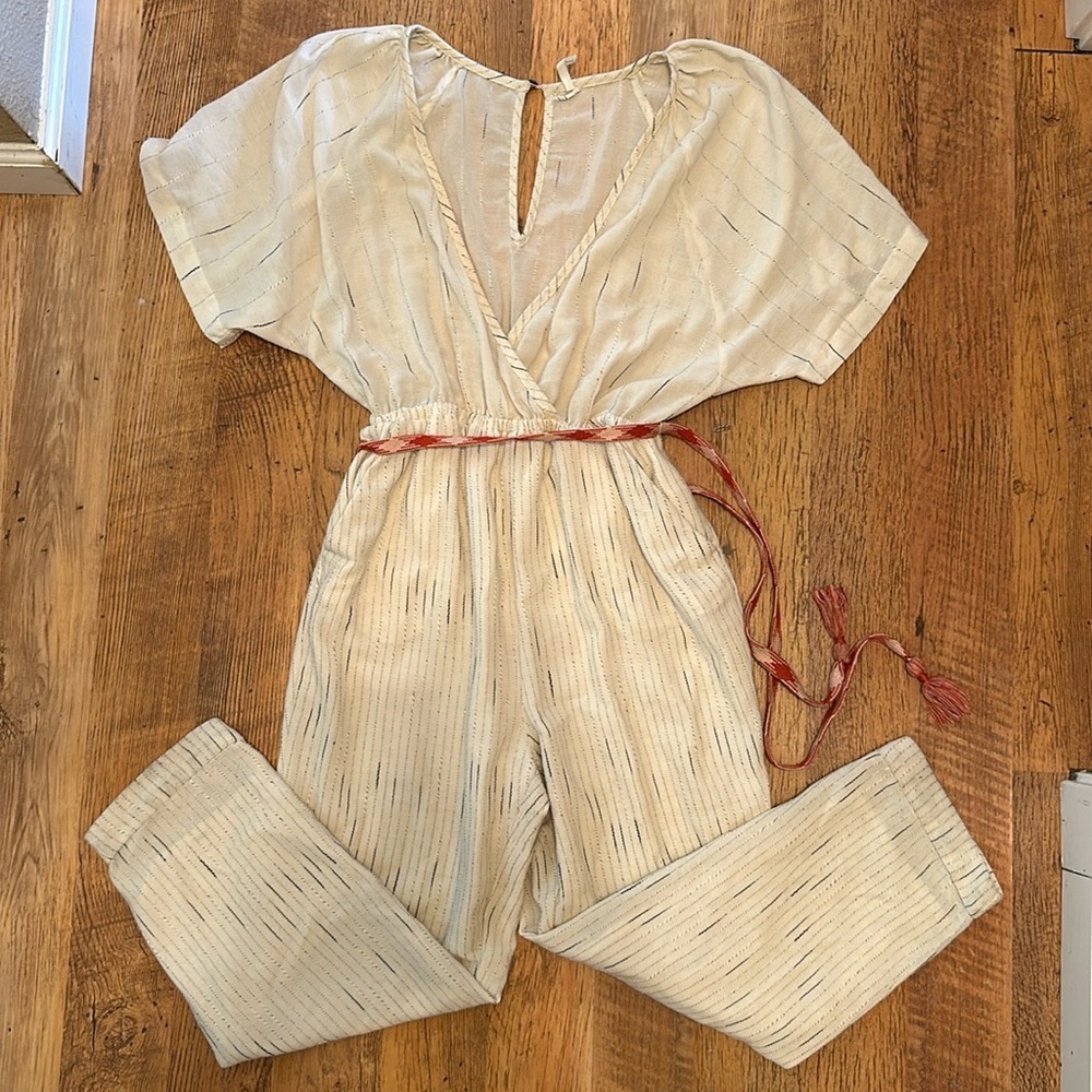 Feather Bone Off White Short Sleeve V neck Straight Leg Jump Suit Coastal A5